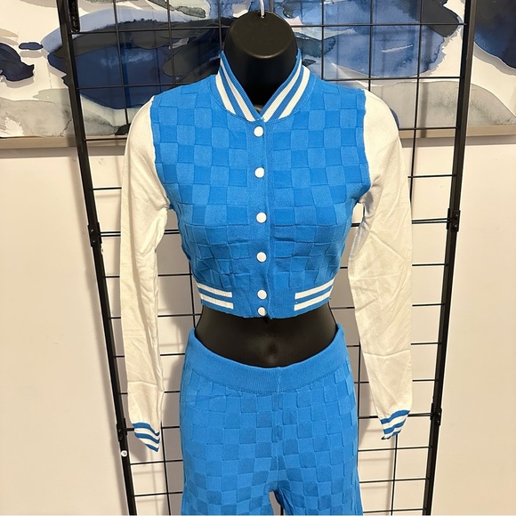 Turquoise Two Piece Knit Varsity Top Jacket High Waisted Knit Leggings Set - Picture 10 of 10